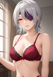 breasts eyepatch female female_only gina_dickinson god_eater god_eater_2:_rage_burst lingerie medium_breasts pale-skinned_female purple_lingerie red_eyes upper_body white_hair