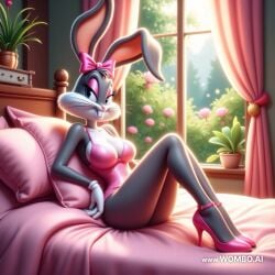 ai_generated bedroom bedroom_eyes bow bugs_bunny crossdressing high_heels lingerie looney_tunes mtf_transformation rule_63