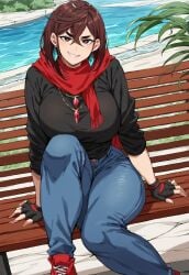 1girls ai_generated ayase_momo bench brown_eyes brown_hair cap civitai clothed_female dandadan earrings female female_only fingerless_gloves hourglass_figure huge_ass huge_breasts huge_thighs jacket jean_shorts looking_at_viewer necklace outdoor scarf shoes short_shorts shorts sitting sitting_on_bench smirking sneakers solo thick_thighs thunder_thighs