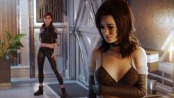 1futa 1girls 3d armwear bioware black_bra black_hair blender blurry blurry_background bottomwear bra clothed clothing commander_shepard detailed_background duo electronic_arts female female_focus female_only femshep futanari futashep highres legging light-skinned_female light_skin long_hair looking_at_partner looking_back mass_effect mass_effect_2 mass_effect_3 miranda_lawson pants red_hair room small_breasts standing topwear water xieangel