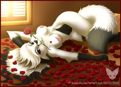 anthro bed black breasts canine fox fur mammal mark_haynes nude petals purple_eyes rose white_fur