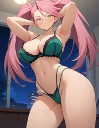 ai_generated altnerd armpits artist_logo artist_name bed bedroom big_breasts bra from_below glasses green_bra green_panties hands_behind_head highres highschool_of_the_dead navel night panties patreon_username pink_hair saya_takagi standing thick_thighs twintails underwear watermark wide_hips window yellow_eyes