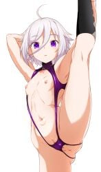 ahoge anus armpits black_thighhighs breasts cameltoe chikyuu_kuudou_setsu cleft_of_venus commentary_request female grey_hair groin hair_between_eyes itomi_sayaka looking_at_viewer navel nipples parted_lips petite purple_eyes pussy revealing_clothes short_hair simple_background small_breasts solo split standing standing_on_one_leg standing_split stomach thighhighs toji_no_miko white_background