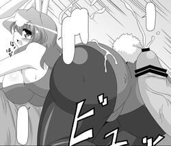 ass breast_press breasts brown_hair bunny_costume bunny_ear bunny_tail censored chyaramu cum cum_on_ass cum_on_body cum_on_lower_body ejaculation erection female from_behind huge_ass huge_breasts monochrome open_mouth pantyhose penis sideboob sofa solo touhou youkai yuka_kazami