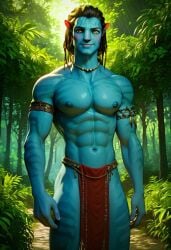 abs ai_generated alien avatar biceps black_hair blue_skin blush gay jake_sully loincloth looking_at_viewer male male_only muscular muscular_male na'vi nipples pecs smile toned_body toned_male tribal tribal_clothing twall97 yellow_eyes