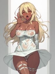 ai_generated blowjob_gesture blush breasts fellatio_gesture guilty_gear mayihavesomeslops nipples open_mouth ramlethal_valentine rizdraws_(ai_style) see-through sundress tongue_out upskirt wet wet_clothes white_clothing white_panties wind_lift