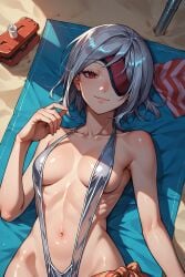 ai_generated beach bikini eyepatch female female_only gina_dickinson god_eater lying red_eyes short_hair small_breasts smile white_hair