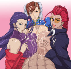 1boy 3girls abs asian asian_female bare_shoulders blue_eyes blush braid breasts brown_eyes brown_hair bun_cover capcom china_dress chinese_clothes chinese_female chun-li crimson_viper cum cum_on_body cum_on_breasts cum_on_clothes cum_on_glasses cum_on_hair cum_on_upper_body double_bun earrings facial female gureko_rouman hair_bun happy happy_paizuri happy_sex human jacket japanese_female jewelry leotard long_hair male multiple_girls multiple_paizuri necktie open_mouth orange-tinted_eyewear paizuri penis pixiv_manga_sample pubic_hair purple_hair red_hair resized rose_(street_fighter) single_braid straight street_fighter sunglasses sweat tinted_eyewear triple_paizuri uncensored