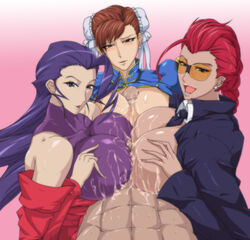 1boy 3girls abs asian asian_female bare_shoulders blue_eyes blush braid breasts brown_eyes brown_hair bun_cover capcom china_dress chinese_clothes chinese_female chun-li crimson_viper cum cum_on_body cum_on_breasts cum_on_clothes cum_on_upper_body double_bun earrings female gureko_rouman hair_bun happy happy_paizuri happy_sex human jacket japanese_female jewelry leotard long_hair male multiple_girls multiple_paizuri necktie open_mouth orange-tinted_eyewear paizuri penis pixiv_manga_sample pubic_hair purple_hair red_hair resized rose_(street_fighter) single_braid straight street_fighter sunglasses tinted_eyewear triple_paizuri uncensored