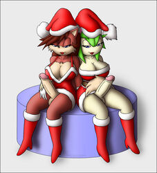 anthro balls big_breasts blue_eyes breasts brown_hair canine christmas cleavage cosmo_the_seedrian dickgirl erection fiona_fox fox fur furry futa_with_futa futanari green_hair hair hat intersex intersex_only interspecies knownvortex multiple_intersex penis santa_hat sega sitting smile sonic_(series)