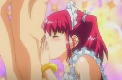 animated apron blush bouncing_breasts breasts censored closed_eyes cosplay fellatio hair magenta_hair maid maid_headdress one-piece_swimsuit oral penis red_hair school_swimsuit schoolgirl swimsuit tied_hair tsundere_inran_shoujo_sukumi twintails vaginal_penetration