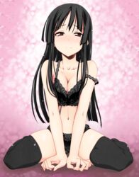 black_hair black_thighhighs blush bra breasts brown_eyes crying female female_only fringe highres himura_kiseki human human_only k-on! lingerie long_hair looking_at_viewer medium_breasts mio_akiyama_(k-on!) off_shoulder panties pose solo tall_image tears thighhighs underwear wholesome