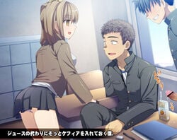 1girls 2boys arm_support ass black_hair brown_hair classroom copyright_request cum desk eraser erection futase_hikaru grin juice_box multiple_boys open_mouth orange_juice panties pantyshot pencil penis pleated_skirt profile purple_panties school_uniform shaded_face short_hair sitting skirt smile standing straw text time_stop translation_request underwear window