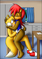 age_difference anthro big_breasts blue_eyes blush bottomless breasts canine clothes female footwear fox fur furry hair half-closed_eyes happy_sex knownvortex male mammal naughty_face nipples penetration red_hair riding sally_acorn sega sex shoes sonic_(series) tails teenager vest young