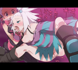 2girls anzu_(pokemon) blue_eyes boots bottomless breasts cartoony female female_only gym_leader human human_only janine_(pokemon) multiple_females multiple_girls noseless pic_k pokemon pokemon_bw2 pokemon_gsc pussy roxie_(pokemon) shaved_crotch shirt striped striped_shirt tongue tongue_out white_hair yuri