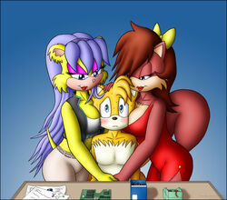 anthro big_breasts blue_eyes blush breasts brown_hair canine cleavage dress female fiona_fox fox fur furry grope hair knownvortex male orange_hair sega smile sonic_(series) tails