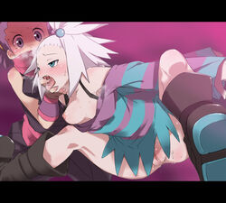 2girls anzu_(pokemon) areolae blue_eyes boots bottomless breasts female female_only gym_leader human human_only janine_(pokemon) multiple_females multiple_girls nintendo open_clothes pic_k pokemon pokemon_bw2 pokemon_gsc purple_eyes purple_hair pussy roxie_(pokemon) striped_shirt white_hair yuri