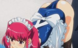 animated apron ass blush cosplay fingering magenta_hair maid maid_headdress one-piece_swimsuit pink_eyes red_hair school_swimsuit schoolgirl stockings swimsuit teasing thighhighs thighs tied_hair trembling tsundere_inran_shoujo_sukumi twintails vaginal_penetration