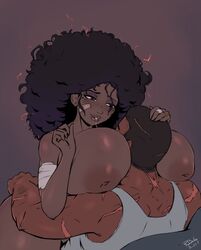 afro bandaid beauty_mark between_breasts black_hair breast_smother breasts brown_eyes dark_skin female huge_breasts male mole motorboating nipples original randomboobguy