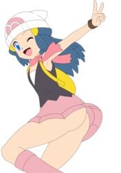 1girls blue_eyes blue_hair boots busakumas dawn_(pokemon) female highres legs long_hair miniskirt nintendo photoshop pokemon skirt smile solo solo_female thighs vector_trace white_background wink