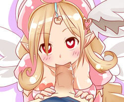 1girls 2d blush brown_hair cupid_(mon-musu_quest!) fellatio female_focus female_rapist hair heart-shaped_pupils male_pov male_rape_victim malesub mon-musu_quest monster_girl_quest oral pointy_ears pov red_eyes