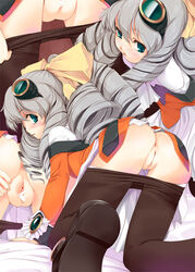 aqua_eyes ass bent_over blush brown_legwear censored clothing drill_hair from_behind goggles goggles_on_head grey_hair hair_bobbles hair_ornament kirishima_satoshi long_hair maria_balthasar pantyhose pantyhose_pull pussy xenogear xenogears