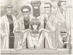 2006 6+boys 6boys censor_bar censored clothing dark_skin erect_nipples fey_(circle) glasses labcoat male_focus medium_breasts monochrome multiple_boys neon_genesis_evangelion panties panties_around_leg photo photo_(object) pubic_hair pussy rei_ayanami science scientist small_breasts smile