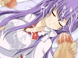 bow bukkake censored clannad clothing cum fujibayashi_kyou gym_uniform long_hair oblivious penis purple_hair sleeping