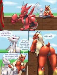 anus ass avian blaziken blue breasts comic eyes female male mienshao mykiio playing_with_fire pokemon pokemon_(species) pussy scizor straight