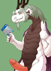 10s 2018 5_fingers aged_up anthro antlers clothing dragon erection facial_hair fafnir fafnir_(little_witch_academia) front_view goatee green_background green_hair hair horn looking_at_viewer male male_only mature_male nude penis presenting presenting_penis red_eyes seyrmo simple_background smile solo standing viagra white_skin