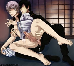 2boys anal balls barefoot black_hair blue_eyes blush cum cum_inside cumdrip dk_studios ejaculation feet footwear gintama gintoki_sakata hijikata_toshiro inside male multiple_boys no_pants open_mouth penetration penis police_officer police_uniform red_eyes samurai sex shinsengumi_(gintama) socks sweat testicles uncensored veins veiny_penis white_hair yaoi