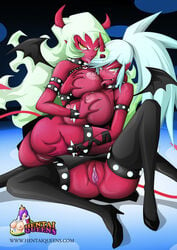 2demons 2girls ass bat_wings big_breasts blue_floor blue_hair breasts cuffs cute_fang demon_girl embrace female glasses green_eyes green_hair hair hand_on_breast high_heels horn horns kneesocks_daemon long_hair miniskirt multiple_girls panty_&_stocking_with_garterbelt pussy red_skin scanty_daemon siblings sisters spikes tail text thighhighs tongue_out witchking00 yellow_eyes yuri