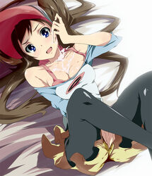 bad_id blood blue_eyes blush breasts brown_hair cleavage clothed_masturbation clothing cum cum_on_body cum_on_upper_body double_bun facial female female_only human legwear_under_shorts long_hair masturbation nintendo on_back open_mouth pantyhose pokemon pokemon_bw2 pussy_juice raglan_sleeves rosa_(pokemon) shorts skirt solo toru_k virgin visor_cap wet