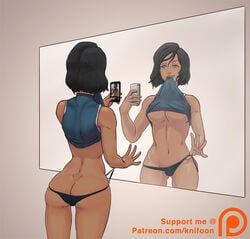 1girls artist_name ass avatar_legends black_hair blue_eyes butt_crack clothing dark-skinned_female dark_skin female female_only hourglass_figure knifoon korra medium_breasts mirror mouth_hold navel nickelodeon panties selfie shirt shirt_in_mouth shirt_lift short_hair solo standing straight_hair the_avatar the_legend_of_korra underboob water_tribe