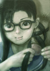 ball1000 black_eyes black_hair borusen female glasses hairdressing hairjob long_hair male_pubic_hair original penis pubic_hair school_uniform