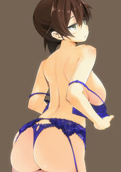 ass bare_shoulders blue_bra blue_panties blush blush_stickers bra bra_pull breasts brown_hair female garter_belt grey_background highres iwasaki_takashi jitome kaga_(kantai_collection) kantai_collection lace-trimmed_bra lace_panties large_breasts lingerie long_hair md5_mismatch off_shoulder open_bra open_mouth panties personification shiny shiny_skin short_hair sideboob simple_background skindentation solo strap_slip thong underwear underwear_only undressing yellow_eyes