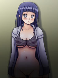 areolae blue_hair blush breasts female hair human hyuuga_hinata kunoichi large_breasts long_hair naruto navel ninja nipples no_panties solo standing tsumitani_daisuke white_eyes