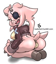 anthro anus breasts clothes eye_patch eyewear fangs female green_eyes horn hotred lucy_(legend_of_lucy) lucy_(webcomic) pig porcine pussy solo the_legend_of_lucy white_background