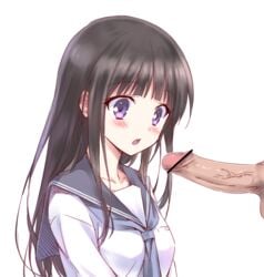 black_hair blush censored chitanda_eru hiten_(hitenkei) hyouka long_hair open_mouth penis penis_awe purple_eyes school_uniform serafuku simple_background veins veiny_penis white_background