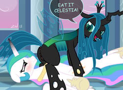 2012 alicorn anus ass blush changeling crown cutie_mark english_text equine female friendship_is_magic green_eyes hair horn horse long_hair looking_back multicolored_hair my_little_pony open_mouth pony princess_celestia_(mlp) pussy queen_chrysalis_(mlp) spreading straight_hair text tongue wings yuri zed001