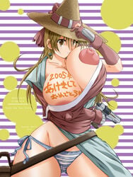 1girls areolae belt breasts brown_eyes brown_hair bursting_breasts clothing erect_nipples female firearm grenadier handgun hat headwear huge_breasts huge_nipples kancho_hatto large_areolae long_hair nipples pale_skin pistol puffy_nipples revolver rushuna_tendo underwear wakatsuki_(kancho_hatto) weapon wide_hips