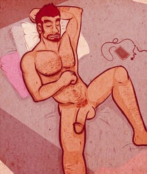 1boy balls bed chris hair hairy human male male_only mapdark nipples nude open_mouth penis pillow sleeping solo