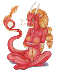 anthro blonde_hair breasts catwoman_(artist) chinese_dragon crossed_arms female hair nude pubic_hair pussy red_skin sitting solo