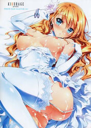 anus bare_shoulders blonde_hair blue_dress blue_eyes blue_gloves blue_legwear bracelet breasts cum cum_on_body cum_on_breasts cum_on_lower_body cum_on_upper_body cumdrip dress earrings elbow_gloves facial female flower garter_straps gloves hair_flower hair_ornament high_resolution jewelry jpeg_artifacts kikurage_(plastic_people) lips long_hair looking_at_viewer lying nipples no_panties on_back original pussy shiny shiny_clothes shiny_skin solo thighhighs top_pull uncensored wedding_dress