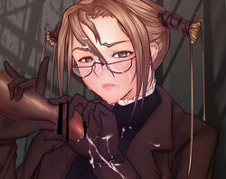 artist_request blush brown_hair censored cum faceless_male glasses green_eyes handjob penis robin_sena witch_hunter_robin