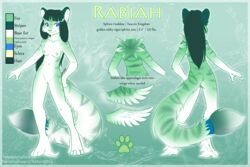 2012 anthro blue_eyes breasts deity feathers feline female fluffy fur furry goddess green_fur green_hair hair hybrid lati_the_lombax long_tail model_sheet nipples nude pawprint rabiah solo sphinx wings