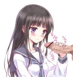 black_hair blush censored chitanda_eru embarrassed handjob hiten_(hitenkei) hyouka long_hair penis purple_eyes school_uniform serafuku simple_background sweat veins veiny_penis white_background