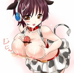 animal_ear black_hair blush breast_hold breasts brown_eyes censored cow_ear cow_print cum cum_on_body cum_on_breasts cum_on_hair cum_on_upper_body facial female headset horns idolmaster idolmaster_cinderella_girls lactation large_breasts miyuki_rei nipples oikawa_shizuku paizuri penis skirt tail