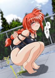 blush bondage box_tie breasts feet female fence grimace highres lyrical_nanoha mahou_shoujo_lyrical_nanoha mahou_shoujo_lyrical_nanoha_a's one-piece_swimsuit outside pain peeing peeing_self pool red_hair solo swimsuit tear thirty_saver_street tied_up trees vita wetting young