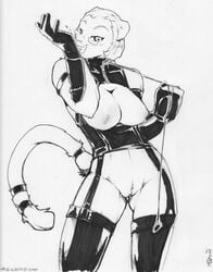 anthro big_breasts black black_and_white bottomless breasts collar eyewear feline female fur furry garter_straps gnaw hair hazel_weiss leash leather librarian lion lioness looking_at_viewer monochrome nipples pussy short_hair solo stockings